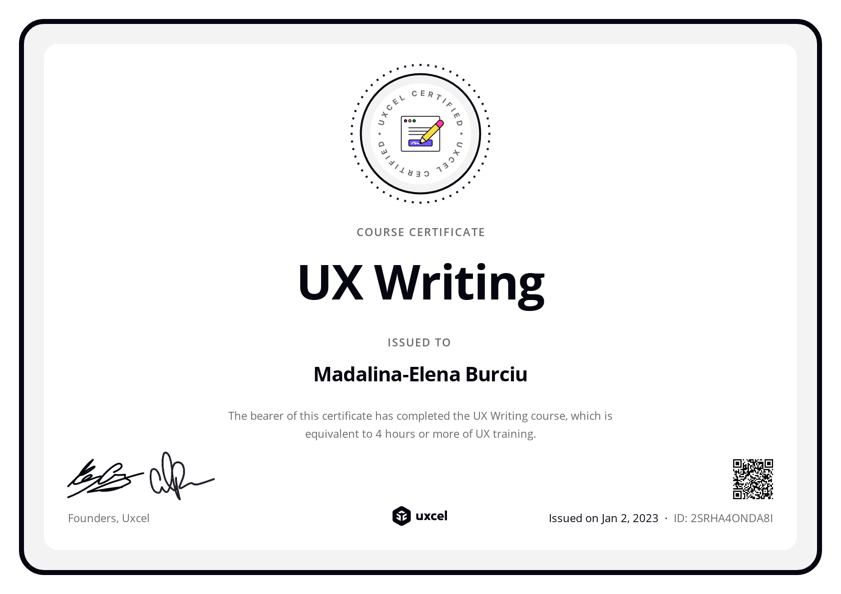 Madalina-Elena Burciu's certificate